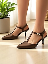cheap Kitten Heels-Women&#039;s Brown T-Strap Pointed Toe Heels - Elegant Slingback Dress Shoes with Buckle for Office Wear and Daytime Dates