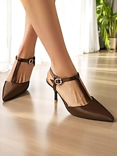 cheap Kitten Heels-Women&#039;s Brown T-Strap Pointed Toe Heels - Elegant Slingback Dress Shoes with Buckle for Office Wear and Daytime Dates
