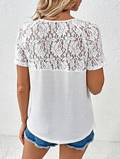 ieftine tricou simplu-Pentru femei Tricou Simplu Modă Stilat Modern Manșon scurt În V Topuri obișnuite Zilnic Sfârșit de săptămână Dantelă Peteci Negru Alb Roșu-aprins Trifoi Vară
