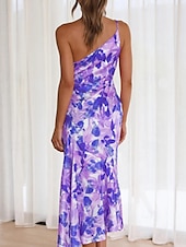 abordables Robes Floraux Imprimés-Femmes Robe Midi Robe Fleurie Robe Imprimée Mode Moderne Extérieur Vacances Week-end Coupe régulière Fleur Sans manches Une Épaule Jaune Bleu Violet Orange Été