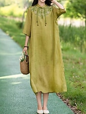 ieftine Rochii-Pentru femei Rochii Midi Rochie din in bumbac Rochie florala Modă Modern Vacanță Zilnic Concediu Fit regulat Floare Manșon Jumate Guler de stand Roz Îmbujorat Albastru piscină Trifoi Caisă Vară