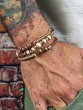 abordables Joyas para hombres-Juego de pulseras de cuentas hechas a mano para hombre: madera natural y cordón trenzado, joyería ajustable de estilo bohemio para playa, festivales y ropa informal.