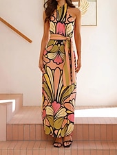 abordables concevoir des robes en coton et lin-Femmes Robe Longue Maxi Robe Robes en coton et lin Robe Décontractée Mode Extérieur Soirée Fête Coupe régulière Fleur Sans manches Col Halter Vert Été