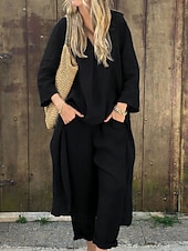 abordables Ensembles-Femmes Actif Chemises en coton et lin Chemisier Ensembles de Pantalons manche longue Col en V Couleur Unie Fête Week-end Noir Blanche Jaune Été Coupe régulière