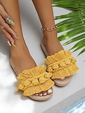 preiswerte Urlaubsandalen-Damen-Sandalen mit Fransen – flache Schuhe im Bohème-Makramee-Stil für den Pool, den Urlaub und entspannte Sommertage