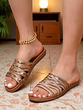 cheap Slide Sandals-Women's Bronze Multi-Strap Flat Slide Sandals – Bohemian Style Open Toe Slippers for Daily Wear, Travel, and Vacation