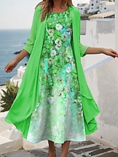 preiswerte Blumenkleid-Damen Kleid-Set Shiftkleid Sommerkleid Lässig Ombre Blumen Druck Midikleid Dreiviertelarm Rundhalsausschnitt Täglich Blau Purpur Fuchsie Sommer Frühling Normale Passform