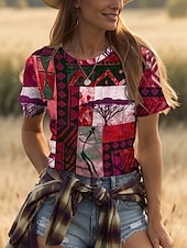 Χαμηλού Κόστους Boho t-shirt-Γυναικεία Μπλουζάκι Γραφική Γεωμετρικό Συνδυασμός Χρωμάτων Βοημία Βίντατζ Etnic Κοντομάνικο Στρογγυλή Ψηλή Λαιμόκοψη Στρογγυλή Λαιμόκοψη Κανονικά μπλουζάκια Καθημερινά Εξόδου Σαββατοκύριακο Στάμπα