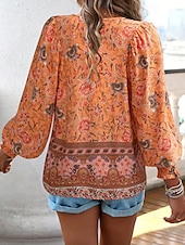 cheap Boho Tops-Women&#039;s Boho Shirt Blouse Flower Modern Boho Long Sleeve V Neck Regular Tops Daily Going out Print Yellow Pink Navy Blue Blue Orange Summer