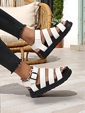 abordables Sandales de Vacances-Sandales blanches à brides et boucles pour femmes – Chaussures plates décontractées et sportives pour la marche quotidienne, les voyages et les sorties estivales