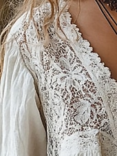 ieftine Topuri Boho-bluză western pentru femei, evazabil, cămașă boho, bluză din bumbac și in, cămăși simple, casual, boho, mânecă lungă, decolteu în V, bluze obișnuite, zi de zi, vacanță, ieșiri în oraș, dantelă, model patchwork, alb, vară, toamnă