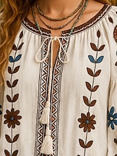 preiswerte Hemden-Damen Hemd Blumen Grafik Bohemien Vintage Lässig Langarm Rundhalsausschnitt Normale Oberteile Täglich Bestickt Weiß Blau Sommer