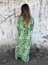 preiswerte Kleider für die Ferien-Damen Maxikleid A Linie Kleid Lässig Outdoor Ausgehen Normale Passform Leopard Langarm V Ausschnitt Weiß Himmelblau Dunkelgrün Grün Sommer