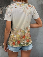 tanie koszulka w kwiaty-Damskie Podkoszulek Ombre Kwiaty Graficzny Zabytkowe Elegancki Codzienny Krótki rękaw W serek Zwykłe topy Codzienny Nadruk Żółty Rumiany róż Niebieski Fioletowy Zielony Lato Wiosna