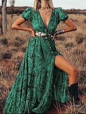 tanie Sukienki boho-Damskie Sukienka maxi Codzienne sukienki Elegancki Dopasowana Nadruk Krótki rękaw W serek Niebieski Fioletowy Brązowy Zielony Lato