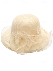 abordables Chapeaux pour femmes-Chapeau de paille élégant à large bord pour femme avec des accents de ruban et de perles, parfait pour les fêtes de jardin d&#039;été, les événements en plein air et les mariages