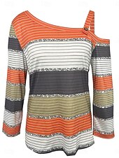 billige Kvinne Striper &amp; Geometriske Topper-Dame Bluse Stilfull Fritid Langermet kald skulder Vanlige topper Daglig Lapper Trykt mønster Oransje Sommer Vår