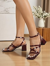 cheap Dress Sandals-Women’s Black Patent Dress Sandals – Strappy Chunky Heels for Office, Formal Events and Date Nights