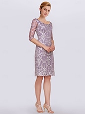 cheap With Jacket-Two Piece Sheath Mother of the Bride Dress Elegant Jewel Neck Knee Length Chiffon Lace Half Sleeve Wrap Included Jacket Dresses with Lace free custom size