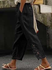 abordables Pantalon uni en coton et lin-Femmes Pantalon texturé en polycoton et lin Pantacourt Mode Streetwear Confort Longueur cheville Taille Moyenne Uni Dentelle Confortable Rue Tenue quotidienne Sortir Noir Blanche Bleu Vert Été Coupe