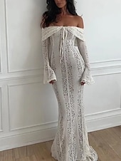 levne Bílé krajkové šaty-Dámské Dlouhé šaty Maxi šaty Krajkové šaty Šaty na ples Šaty na párty Elegantní Módní Párty Zvláštní příležitosti Večerní oslava Běžný Bez vzoru Dlouhý rukáv Pod rameny Černá Bílá Léto