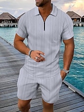 cheap Vacation-Men&#039;s Quarter Zip Polo Golf Shirt Daily Holiday Lapel Short Sleeve Fashion Basic Plain 2 Piece Jacquard Summer Regular Fit Black White Blue Khaki Army Green Gray Quarter Zip Polo
