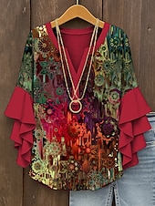 preiswerte Damen Boho Tops-Damen Retro-Bluse mit geschichteten Rüschärmel Vintage Grafisch Abstrakt Bohemia Vintage Tägliche 3/4-Ärmel V-Ausschnitt Reguläre Tops Tägliche Urlaubsferien Bekleidung Print Rot Blau Lila Grün Sommer