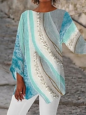 Women's Blouse Long Sleeve Asymmetrical Hem Ombre Floral Graphic Vintage Tropical Stylish 3/4 Length Sleeve Crew Neck Regular Tops Daily Print Blue Green Spring Fall4