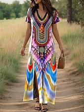 tanie Sukienki boho-Damskie Sukienka maxi Sukienka letnia Sukienka A line Letnie sukienki Urlop Codzienny Codzienny Regularny Graficzny Geometryczny W Tureckie Wzory Krótki rękaw W serek Rumiany róż Fioletowy Zielony