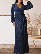 cheap Floor Length-A-Line Mother of the Bride Dress Wedding Guest Elegant Sweet V Neck Floor Length Chiffon Long Sleeve with Ruffles Ruching