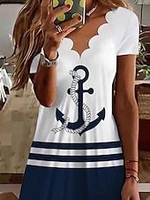 preiswerte Streifen- und geometrische Kleider-Damen Minikleid T-Shirt-Kleid A Linie Kleid Sommerkleid Lässig Täglich Normale Passform Grafik Geometrisch Kurzarm V Ausschnitt Marinenblau Sommer
