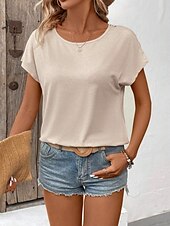 preiswerte Einfarbiges T-Shirt-Damen T-Shirt Einfarbig Einfach Mode Modern Lässig Kurzarm Rundhalsausschnitt Regulär Oberteile Täglich Wochenende Spitze Patchwork Schwarz Weiß Pink Khaki Sommer
