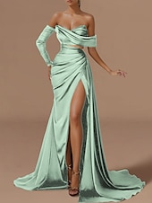 cheap GREEN-Beach Wedding Mermaid Evening Gown Sexy Dress Formal Wedding Guest Floor Length Long Sleeve Off Shoulder Satin with Ruched Slit Masquerade Dress