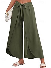 abordables Pantalón liso de lino y algodón-Mujer Pantalones de lino y algodón pantalones Casual Longitud total Cintura Media Plano Cintura elástica Separado Al Aire Libre Cómodo Festivos Ropa Cotidiana Fin de semana Albaricoque PEC Celeste