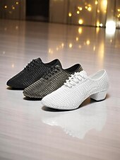 preiswerte Lateinamerikanische Schuhe-Weiße Mesh-Latein-Tanzschuhe für Damen mit niedrigem, klobigem Absatz und funkelnden Strasssteinen – atmungsaktives, professionelles Standardschuhwerk für Künstler und Wettbewerbe