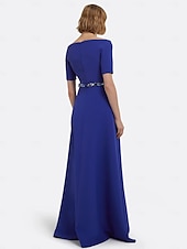 preiswerte BLAU-A-Linie Abendkleid Elegant Kleid Formell Hochzeit Bodenlang Kurzarm V Ausschnitt Stretch-Crêpe mit Perlenstickerei 2025