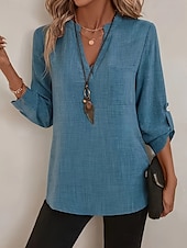 abordables Hauts Unis pour Femmes-Femmes Chemise Uni Basique Occasionnel manche longue Encolure en V Hauts Réguliers Quotidien Boutons Noir Rose Claire Bleu Roi Bleu Vert Été Printemps