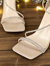 abordables Sandales à talons-Sandales à talons compensés blanches pour femmes avec brides en strass - talons de fête élégants à bout ouvert pour la vie nocturne, les clubs et les événements en soirée