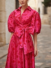 cheap Cocktail Dresses-A-Line Cocktail Dresses Elegant Dress Formal Wedding Floor Length 3/4 Length Sleeve Shirt Collar Pocket Satin with Floral Print Bow(s) Slit Wedding Guest Dress 2025
