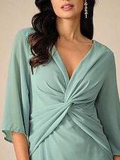 ieftine Rochii Party-rochie de cocktail pentru invitați la nuntă pentru femei șifon uni cu volane răsucite elegantă rochie maxi de vară cu decolteu în V mânecă evazată lungime 3/4