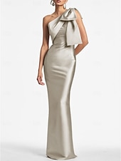 preiswerte SCHWARZ-Meerjungfrau Abendkleid Elegantes Kleid Formeller Hochzeitsgast Knöchellang Ärmellos Eine Schulter Satin mit Schleife(n) Schlitz Maskeradenkleid 2025