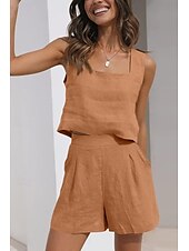 abordables Ensembles-Femmes Actif Basique Ensembles en coton et lin Sans manches Col carré Couleur Unie Décontracté Quotidien Noir Rose Claire Vert Véronèse Été Coupe régulière