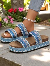 preiswerte Rutschsandalen-Damen-Sandalen im Boho-Stil in Blau mit Webmuster – Plateau-Slipper im Ethno-Stil für Strandurlaube und lässige Sommeroutfits