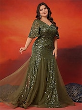 Χαμηλού Κόστους ΠΡΑΣΙΝΟ-Φόρεμα A-Line Plus Size Elegant Dress Επίσημο Γάμου Μήκος Δαπέδου Κοντό Μανίκι V Λαιμό Σατέν με Sequins