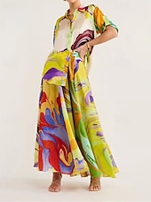 abordables Ensembles-Femmes Mode Streetwear Jupe Ensembles Demi Manches Col de chemise Abstrait Imprimé Tenue quotidienne Date Vert Été Coupe régulière