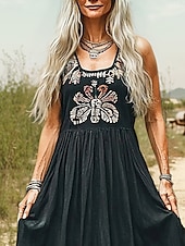abordables Robes Bohémiennes-Femmes Robe Longue Maxi Robe Robe Décontractée Robe évasée Robe d&#039;été Robe bohème ancien Vacances Quotidien Fête Coupe régulière Fleuri Sans manches Col en U bleu marine Été