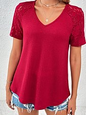 ieftine tricou simplu-Pentru femei Tricou Simplu Modă Stilat Modern Manșon scurt În V Topuri obișnuite Zilnic Sfârșit de săptămână Dantelă Peteci Negru Alb Roșu-aprins Trifoi Vară