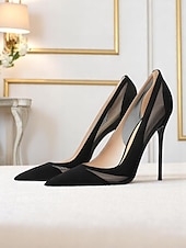 abordables cocktail-Escarpins à bout pointu en daim nude pour femmes avec détails en maille, chaussures à talons aiguilles hauts pour cocktails et occasions formelles