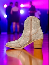 ieftine Petrecere de noapte-Ghete cowboy pentru femei cu sclipici până la gleznă - ghete western cu strasuri strălucitoare, cu fermoar lateral și toc bloc, pentru festivaluri de muzică și petreceri în viața de noapte