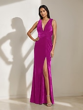 economico BLU-Abito in Velluto Sirena  Tromba Abito da Sera Galà Abito Formale Semi Formale Scollo Profondo Matrimonio Lunghezza Completa Senza Maniche Senza Spalline con Pieghe